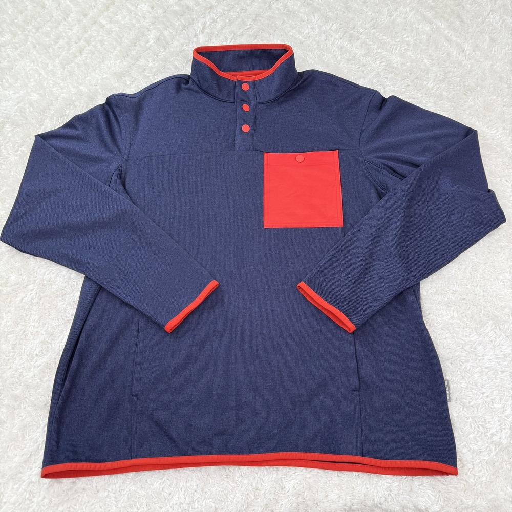 Duluth Trading Pullover Mens Large Blue Red Trim Relaxed Fit Snap Pocket Outdoor